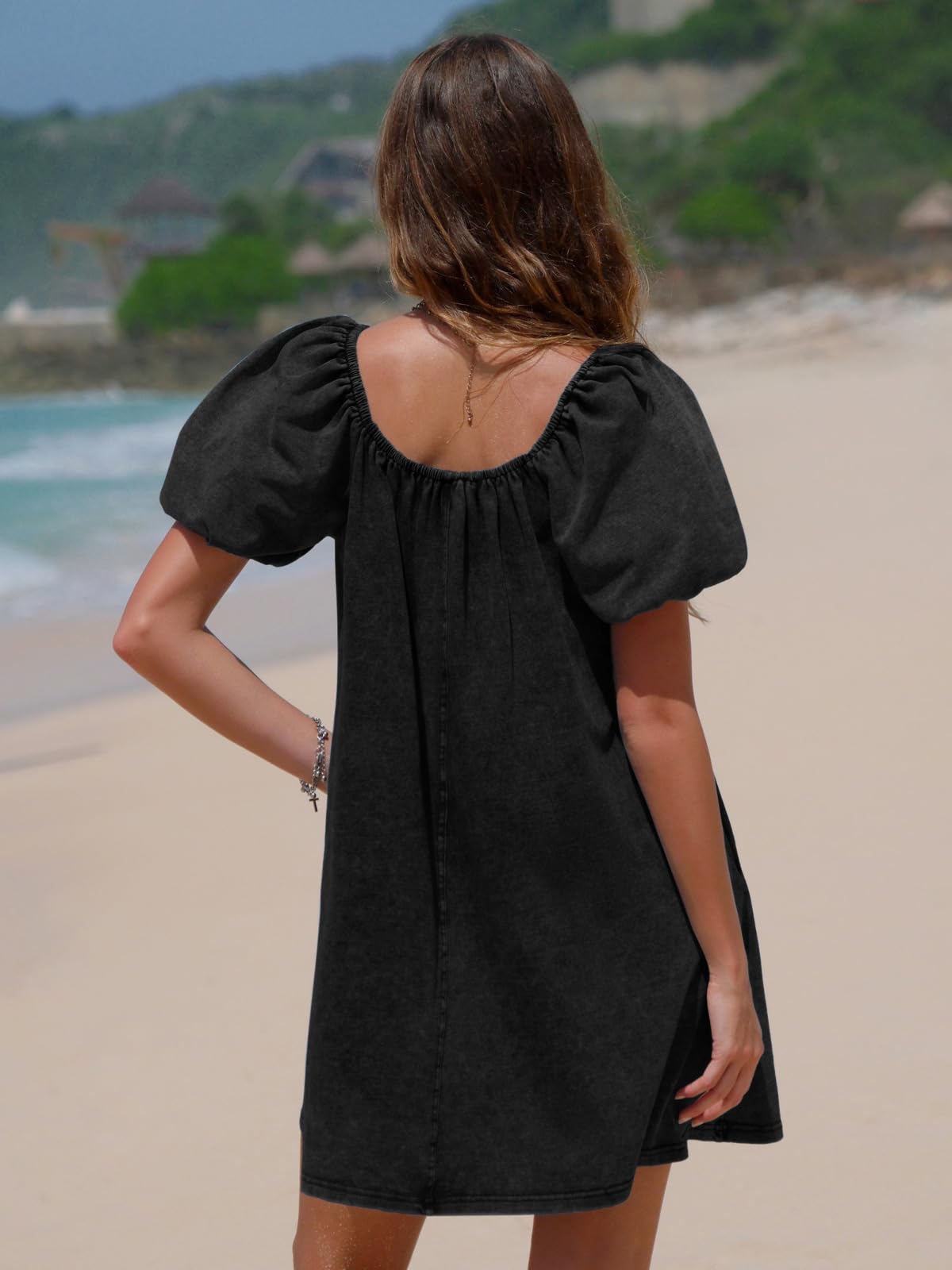 EXLURA Womens Summer Denim Short Puff Sleeve Dresses Knit Loose Plus Size Short Mini Dress 2026 Trendy Spring Outfits