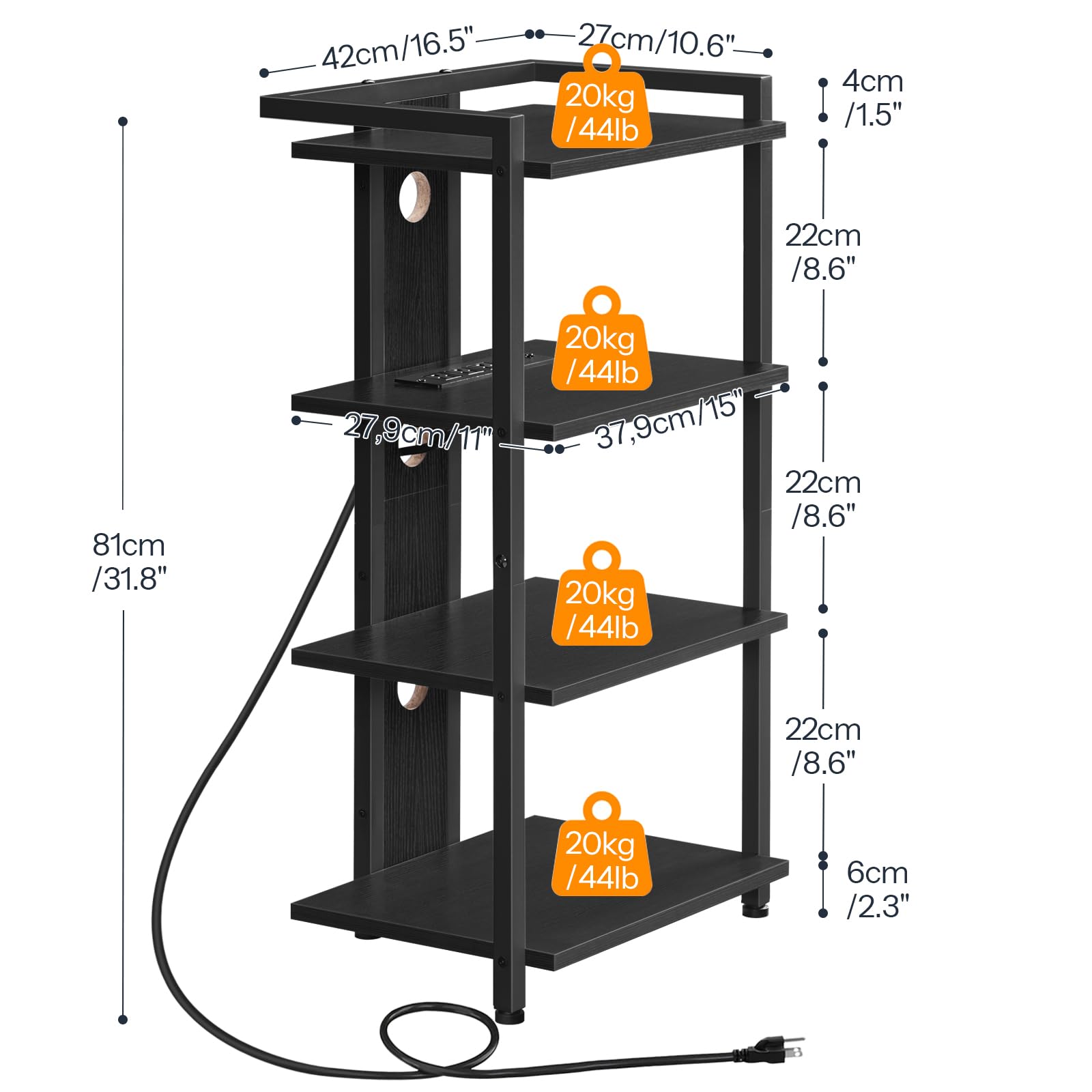 HOOBRO Game Console Shelf, 4-Tier Video Gaming Consoles Stand with Outlet & RGB Light, Audio Rack Tower for Turntable, Stereo Equipment, Wooden Entertainment Storage Stand, Black BB38UDCJ01