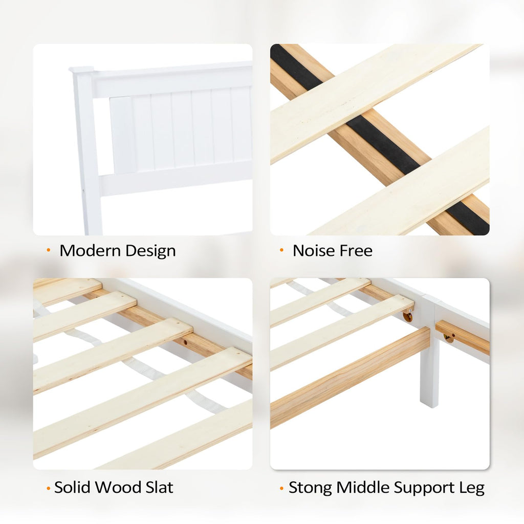 Bonnlo Twin Size Solid Wood Platform Bed Frame, Single Bed with Headboard, No Box Spring Needed Panel Bed, Wood Slat Support Mattress Foundation, White