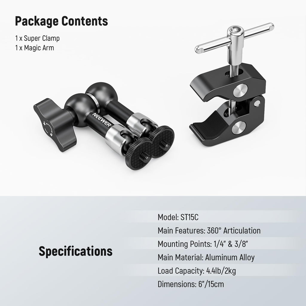 NEEWER 5.9"/15cm Adjustable Friction Magic Arm with 1/4" Screw on Both Ends, Compatible with SmallRig Cage, Flash/LED Light/Microphone/Monitor/SuperClip, Max Load 4.4lb/2kg, ST15