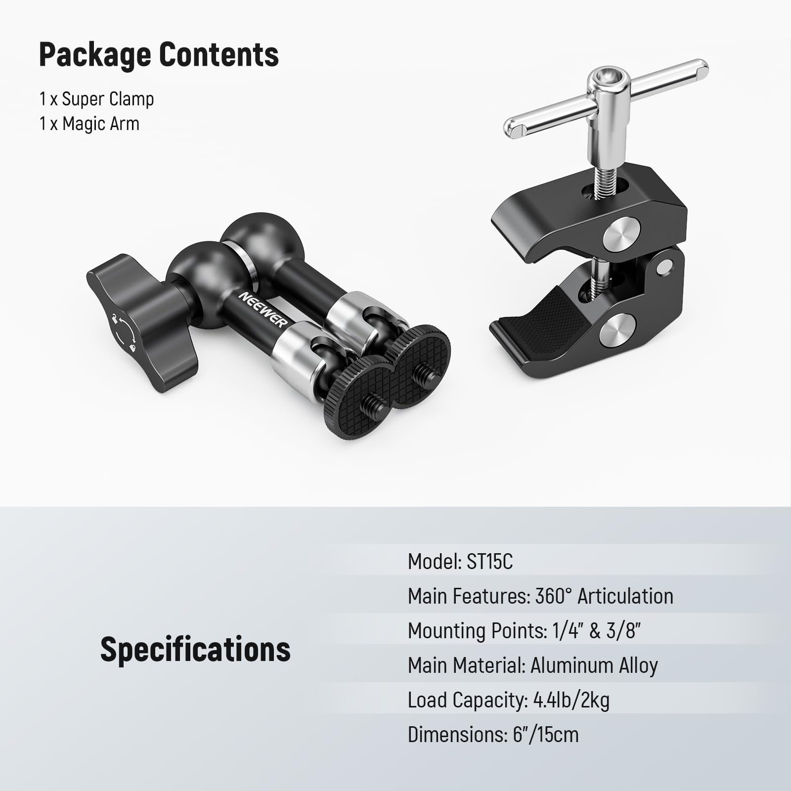 NEEWER 5.9"/15cm Adjustable Friction Magic Arm with 1/4" Screw on Both Ends, Compatible with SmallRig Cage, Flash/LED Light/Microphone/Monitor/SuperClip, Max Load 4.4lb/2kg, ST15