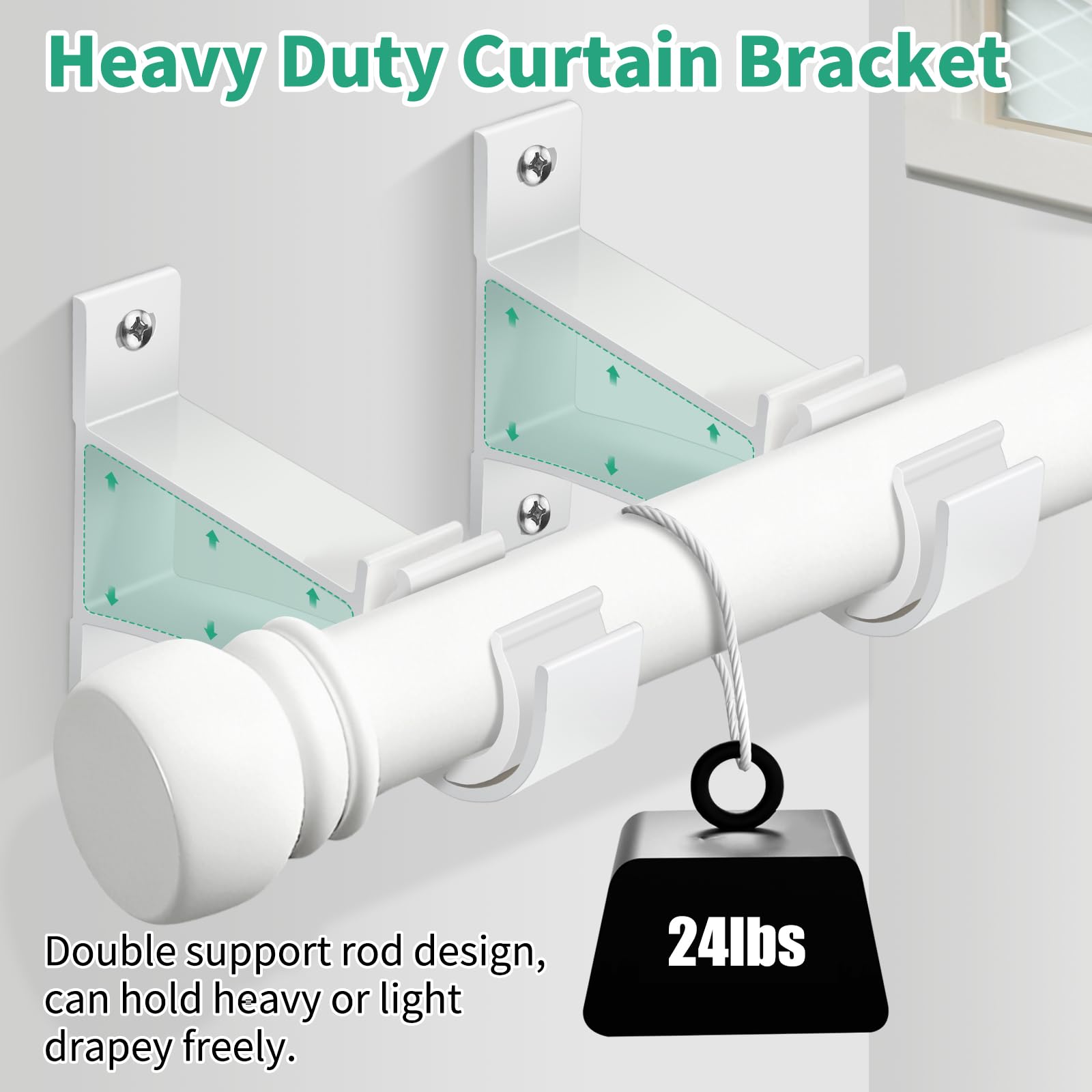 KOLAKO Curtain Rod Brackets, Heavy Duty Black Curtain Rods Holders Hook Hangers for Wall Drapery Rod Bracket Support 1 Inch Rods, 2 Pack