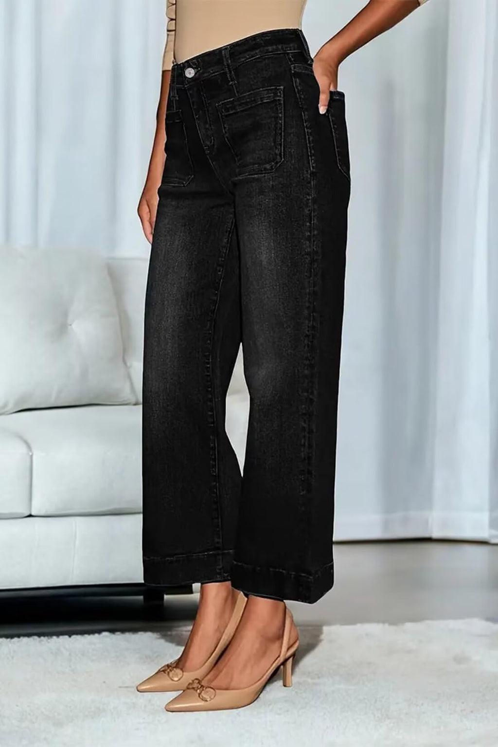 Allimy Women's High Waisted Cropped Wide Leg Jeans Stretchy Loose Denim Pants with Front Patch Pockets