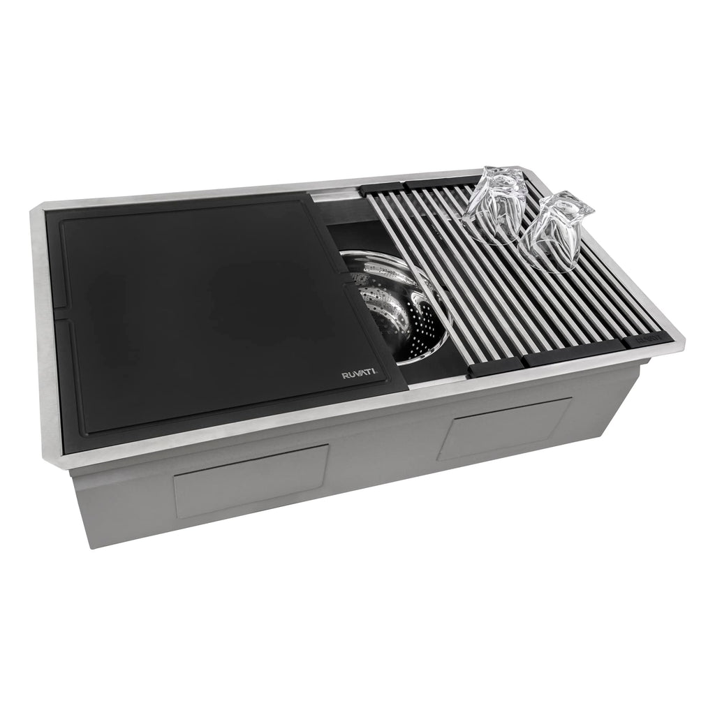 Ruvati 33-inch Workstation Kitchen Sink - Dual Tier Double Bowl Kitchen Sink - Low Divide Undermount Sinks - 16 Gauge Stainless Steel Kitchens Sinks - RVH8255