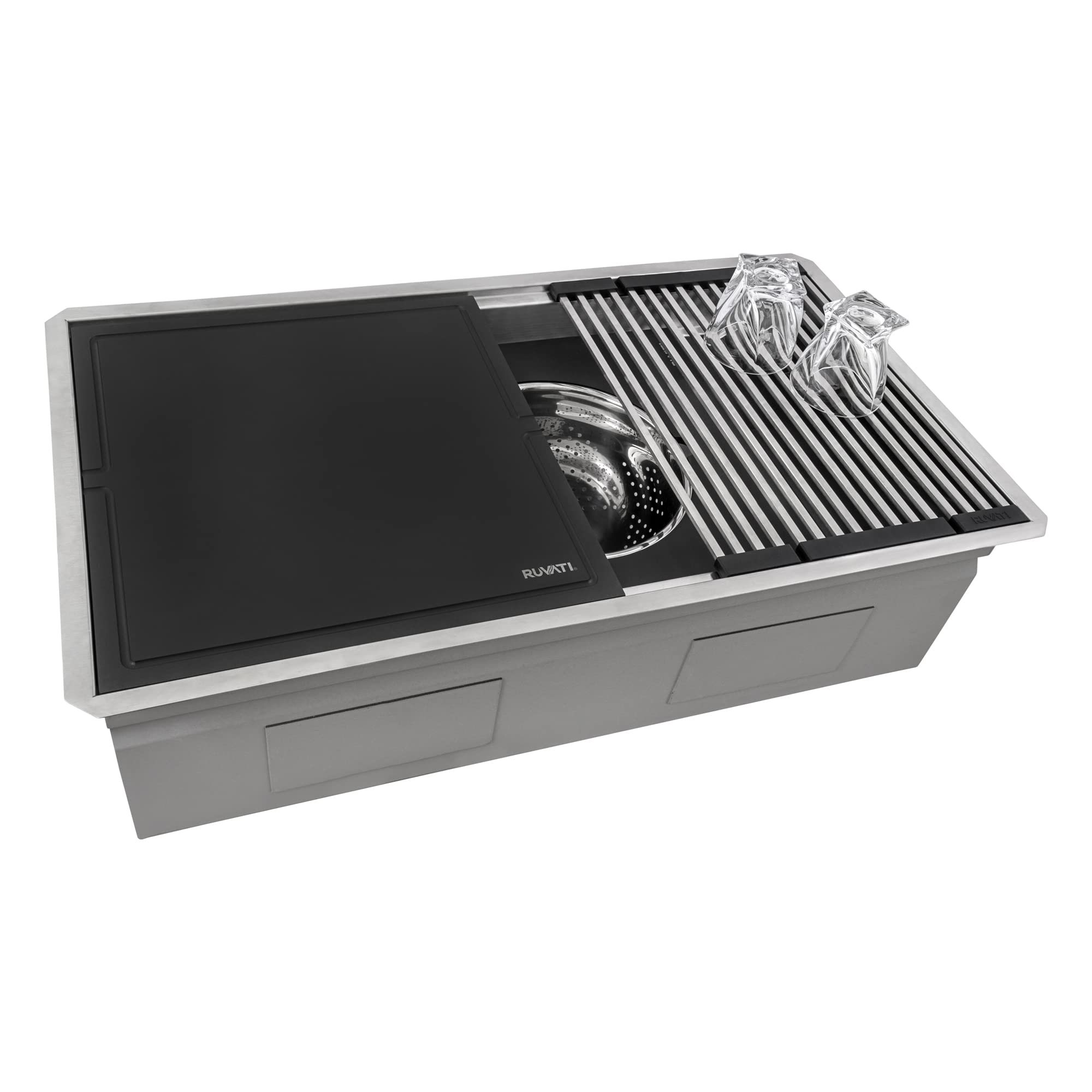 Ruvati 33-inch Workstation Kitchen Sink - Dual Tier Double Bowl Kitchen Sink - Low Divide Undermount Sinks - 16 Gauge Stainless Steel Kitchens Sinks - RVH8255