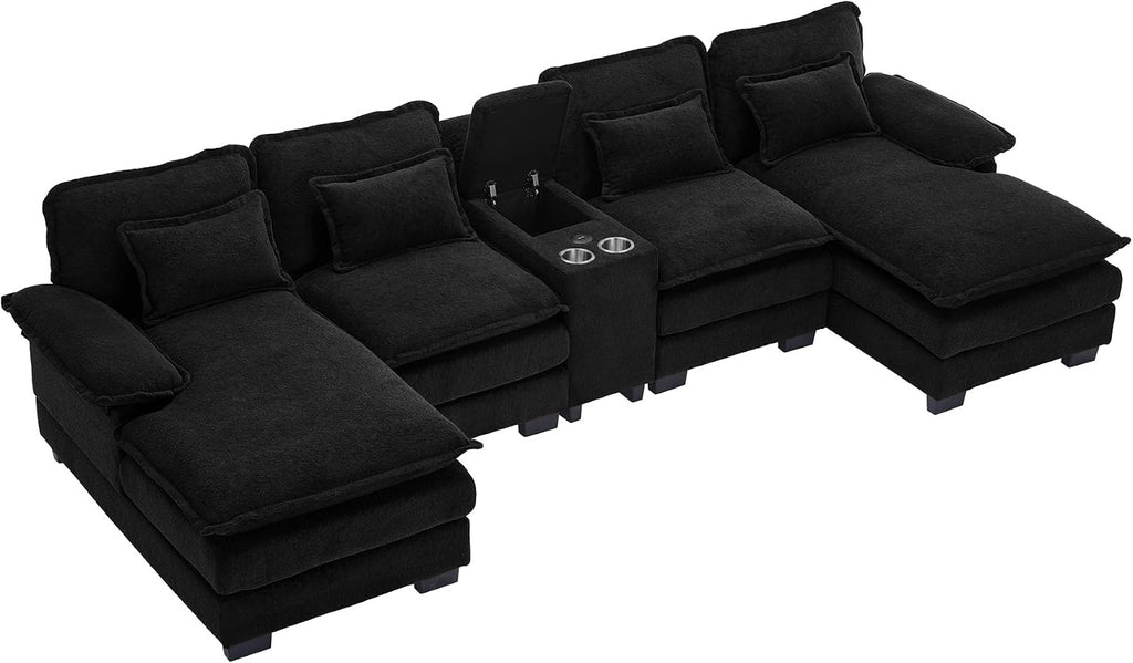 U Shaped Cloud Couch Sectional Sofa, 124" Comfy Fluffy Chenille Cloud Black Sectional Couches for Living Room with Double Chaise Lounge, Modern Modular Sofa with Central Console & USB Port