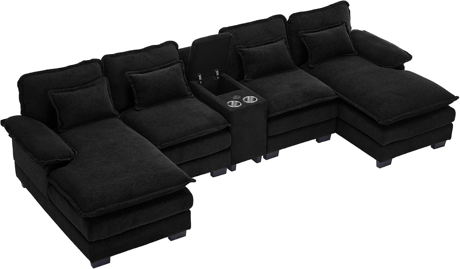U Shaped Cloud Couch Sectional Sofa, 124" Comfy Fluffy Chenille Cloud Black Sectional Couches for Living Room with Double Chaise Lounge, Modern Modular Sofa with Central Console & USB Port