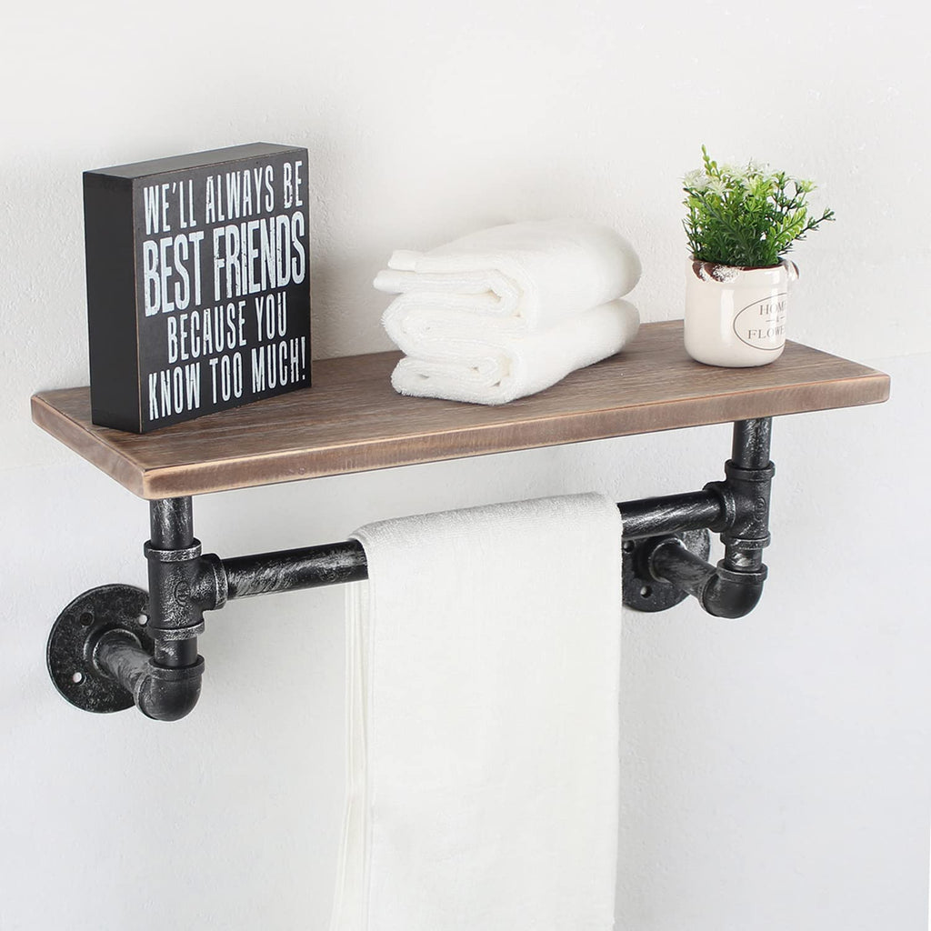 MBQQ Industrial Pipe Shelf Bathroom Shelves Wall Mounted,19.6in Rustic Wood Shelf with Towel Bar,1 Tier Farmhouse Towel Rack,Pipe Shelving Floating Shelves Towel Holder,Black & White