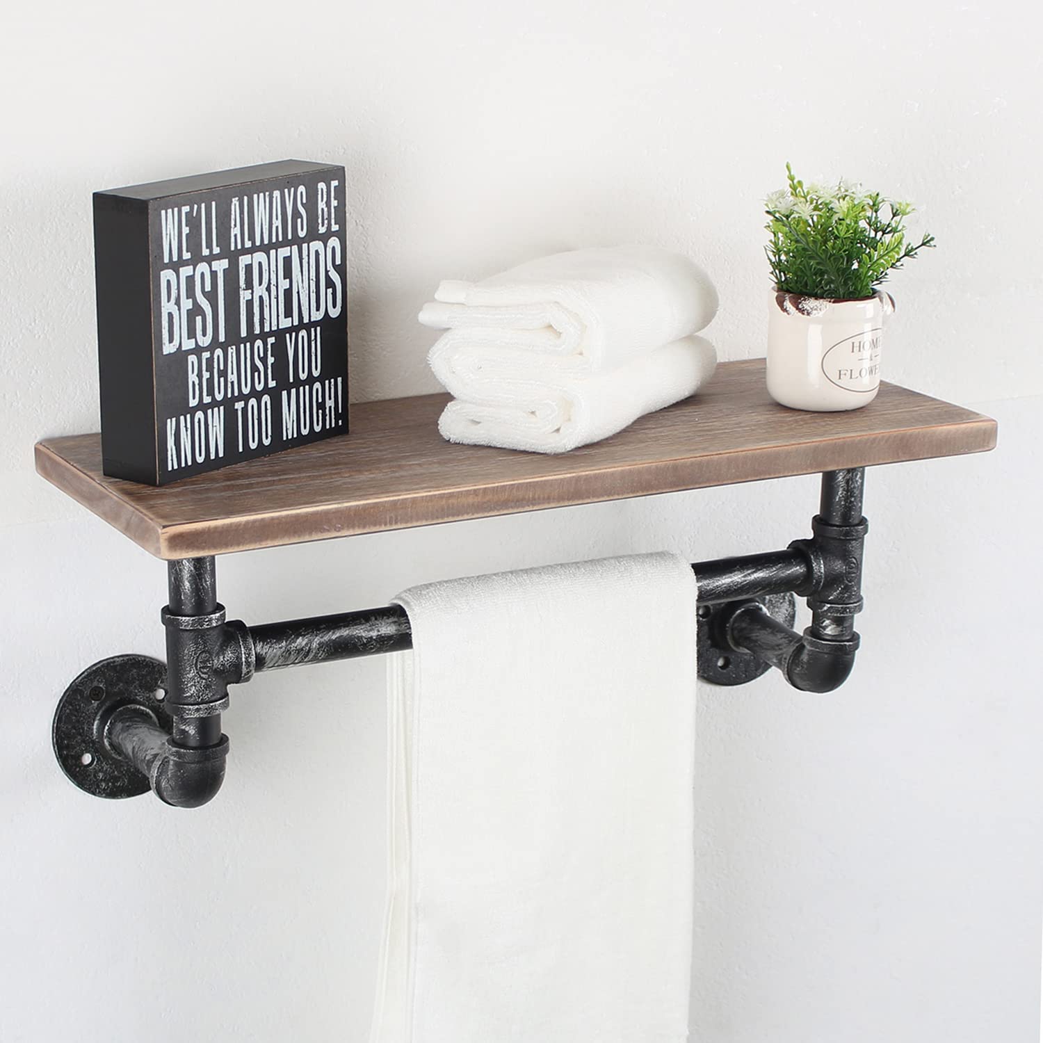 MBQQ Industrial Pipe Shelf Bathroom Shelves Wall Mounted,19.6in Rustic Wood Shelf with Towel Bar,1 Tier Farmhouse Towel Rack,Pipe Shelving Floating Shelves Towel Holder,Black & White