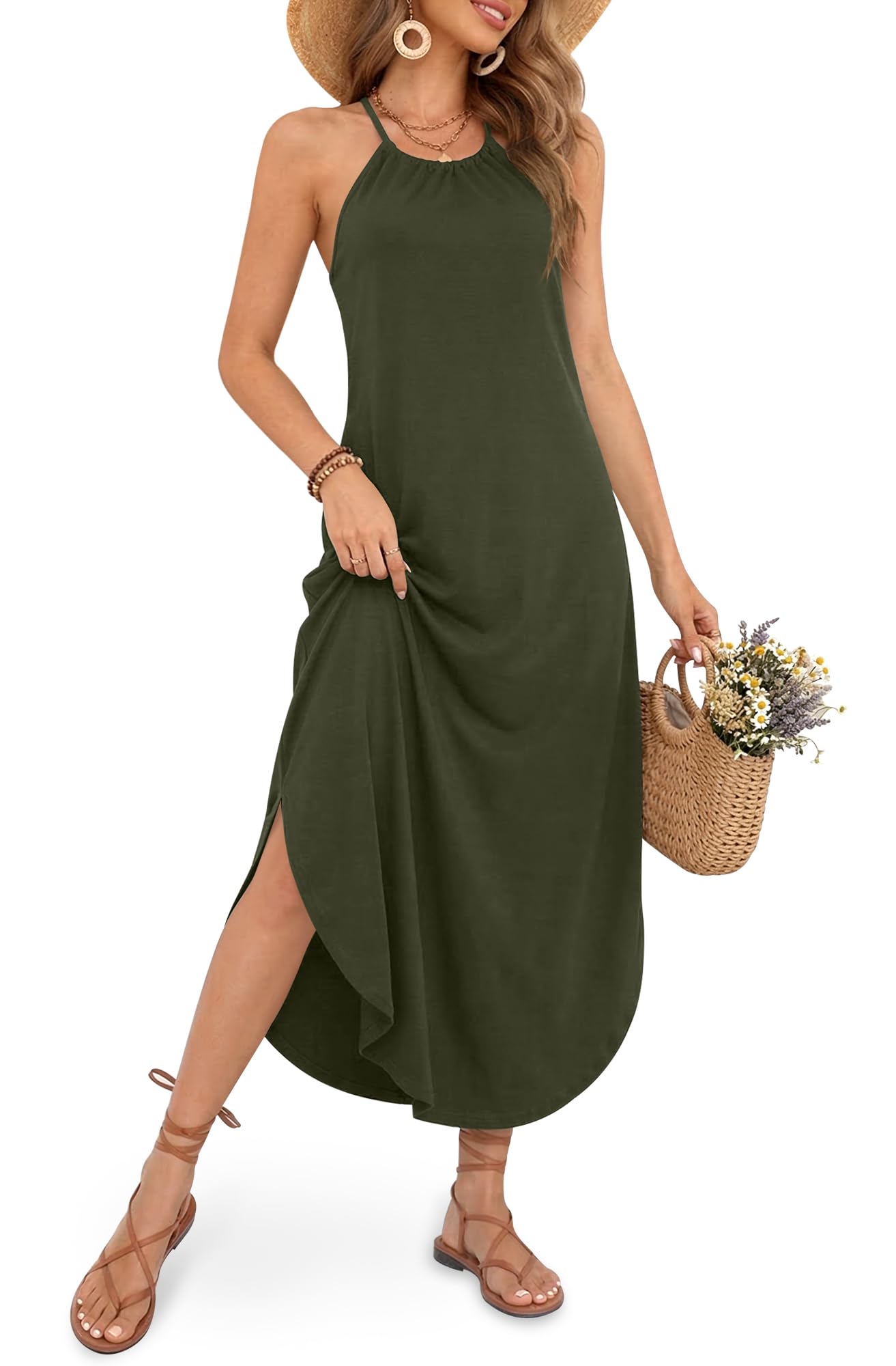 For G and PL Women's Summer Casual Halter Side Slit Maxi Beach Dress Resort Vacation Cruise Wear Sundress