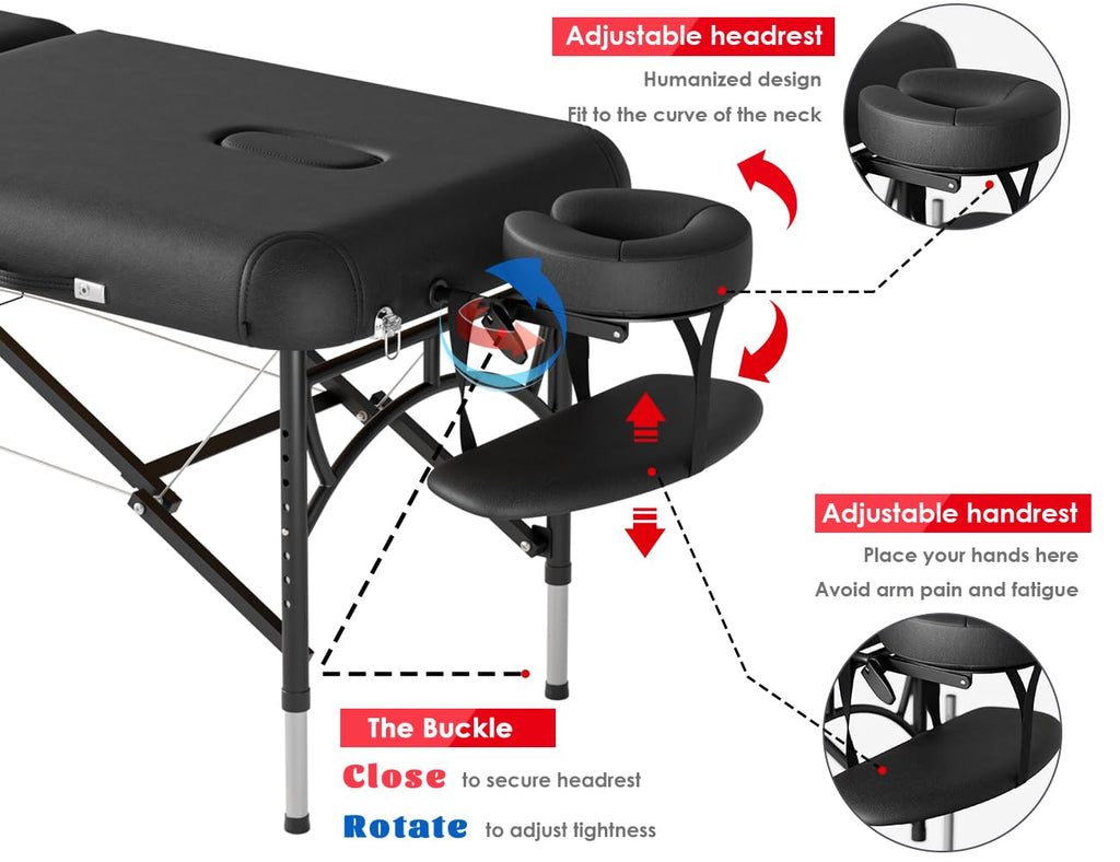 CLORIS 84" Professional Massage Table Portable Reinforced Wooden Leg 2 Folding Lightweight Spa Salon Tattoo Massage Bed Height Adjustable Hold Up to 1100LBS with Carrying Bag Black