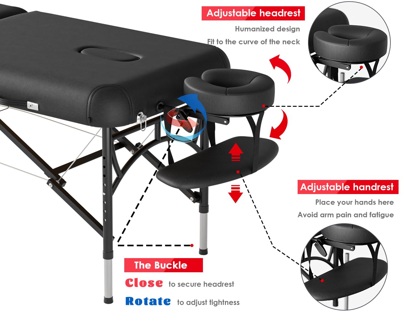 CLORIS 84" Professional Massage Table Portable Reinforced Wooden Leg 2 Folding Lightweight Spa Salon Tattoo Massage Bed Height Adjustable Hold Up to 1100LBS with Carrying Bag Black