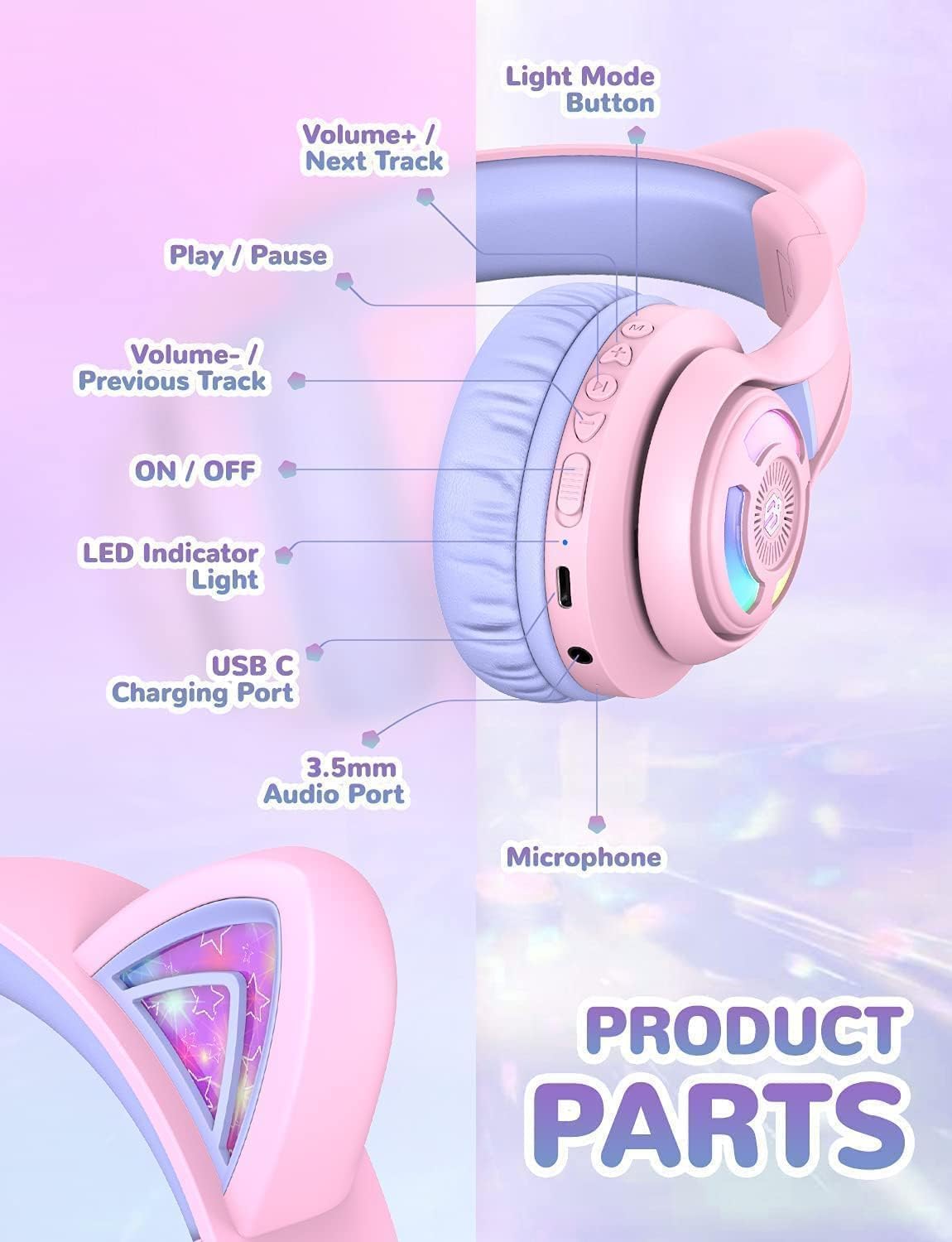iClever Cat Ear Kids Bluetooth Headphones, LED Lights Up, 74/85dBA Safe Volume Limited, 50H Playtime,Bluetooth 5.2, USB C,Kids Headphones Wireless Over Ear for Travel iPad Tablet, Meow Macaron-Purple