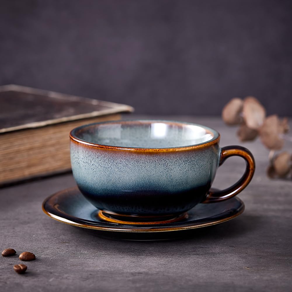 Coffeezone Vintage Design 12 oz Ceramic Latte Art Cappuccino Barista Cup with Saucer (Beige)