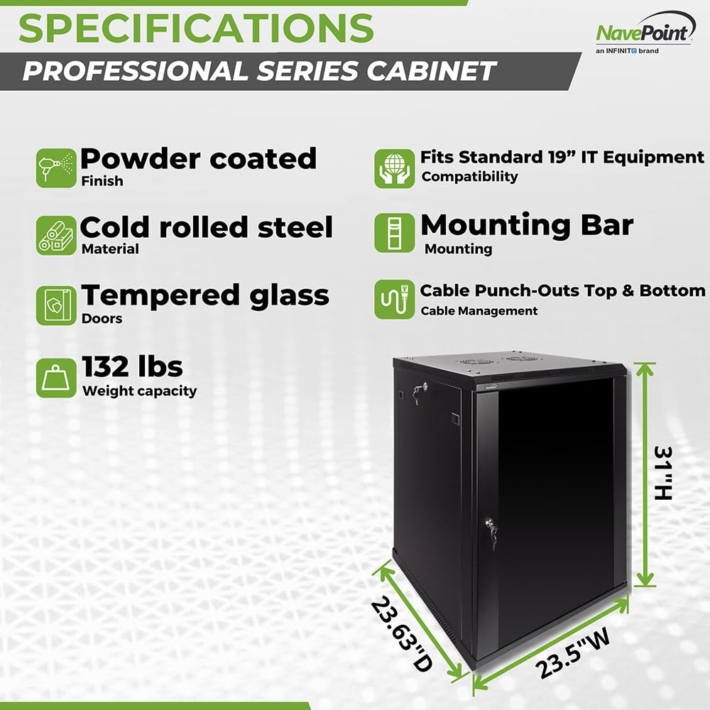 NavePoint 12U Server Rack Enclosure - 23.6” Deep, Wall Mount Network Cabinet with Locking Glass Door for 19” IT Equipment, Network Rack with 2 Fans, Removable Side Panels, Black