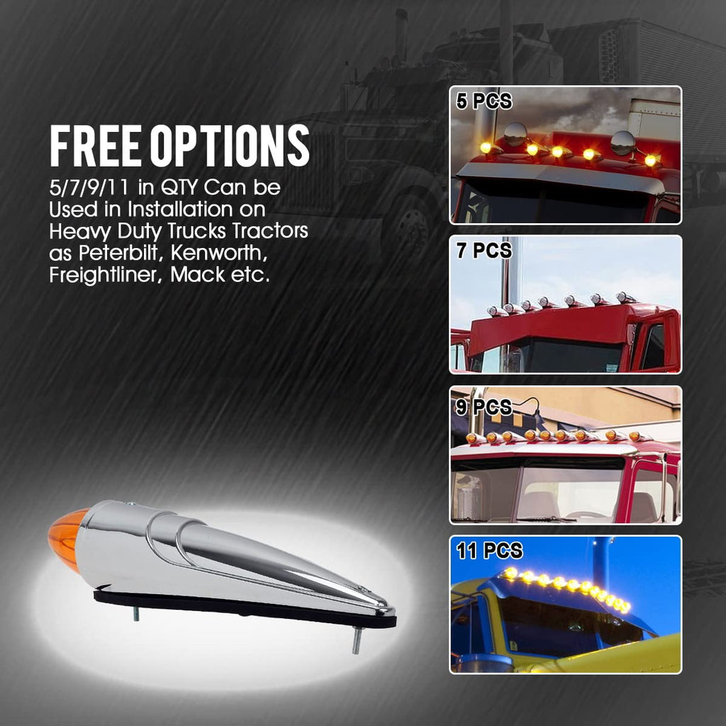 Partsam 5PCS 17 LED Amber Torpedo Cab Marker Roof Running Top Lights Assembly Super Bright Chrome Heavy Duty Trucks Replacement for International Kenworth/Peterbilt/Freightliner/Mack,DOT Compliant