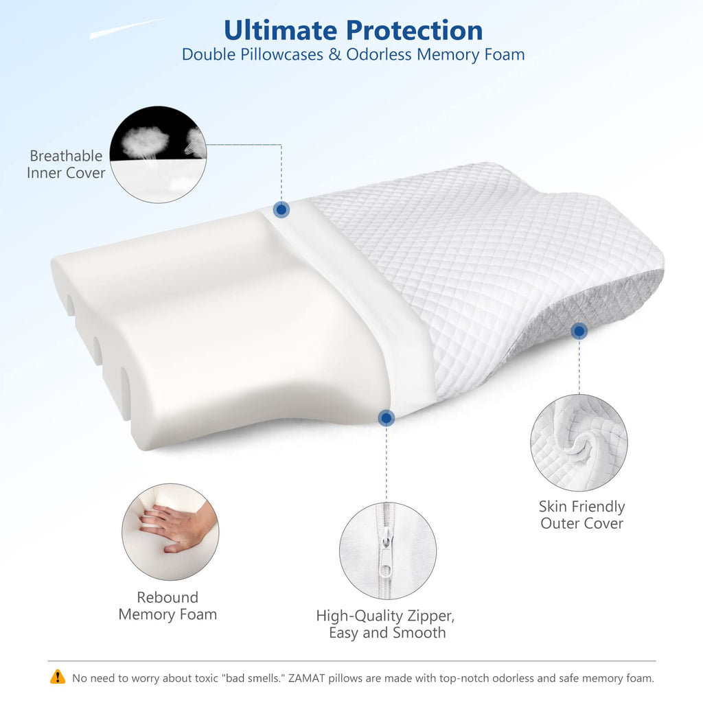ZAMAT Memory Foam Pillow for Neck Pain Relief, Adjustable Ergonomic Cervical Pillow for Sleeping, Orthopedic Neck Pillow with Washable Cover, Bed Pillows for Side, Back, Stomach Sleepers