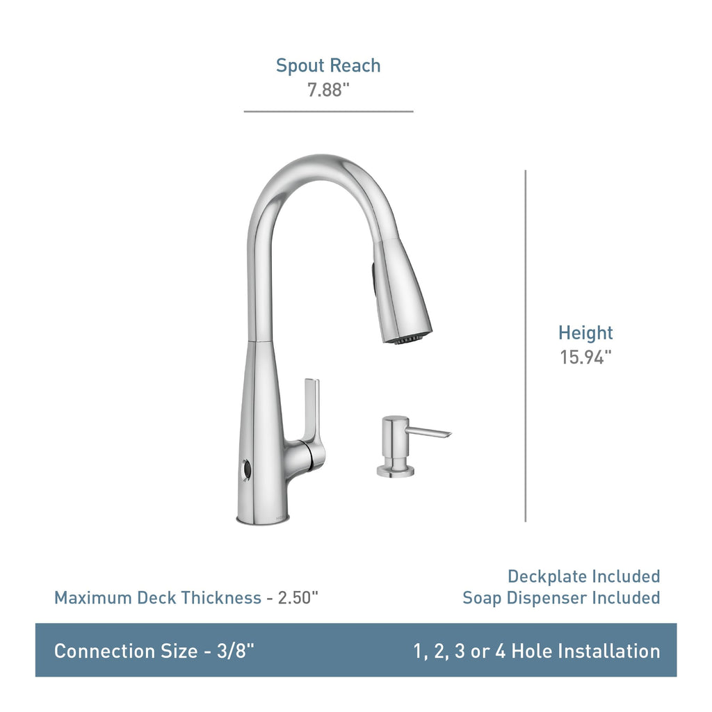 Moen Haelyn Pulldown Kitchen Faucet with Power Boost, 87627 | Pulldown sprayer, Power Boost technology, Soap dispenser included, Chrome finish, High arc faucet