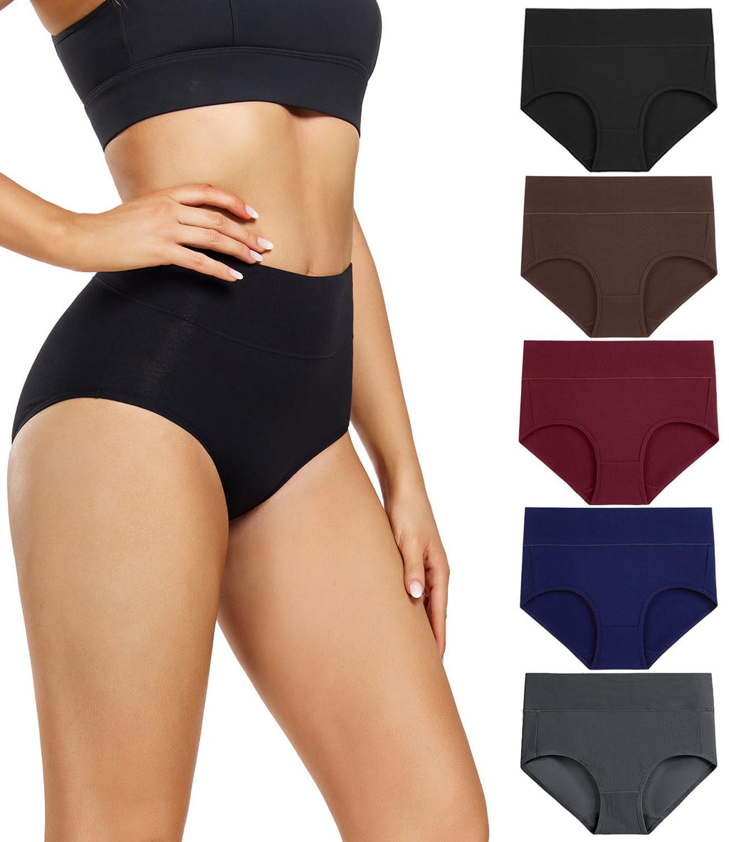 wirarpa Women's High Waisted Cotton Briefs Ladies Underwear Regular & Plus Size Panties 5 Pack
