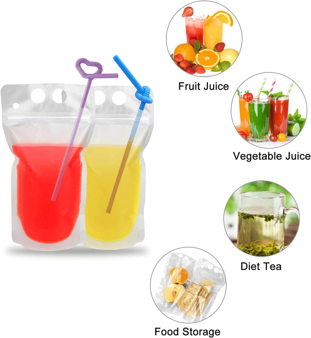 100 Pcs Drink Pouches with 100 Straw Holes, Freezable Juice Pouches, Translucent Reclosable Zipper Plastic Pouche Drink Bags for Cold & Hot Drinks for Adults and Kids World Cup Party