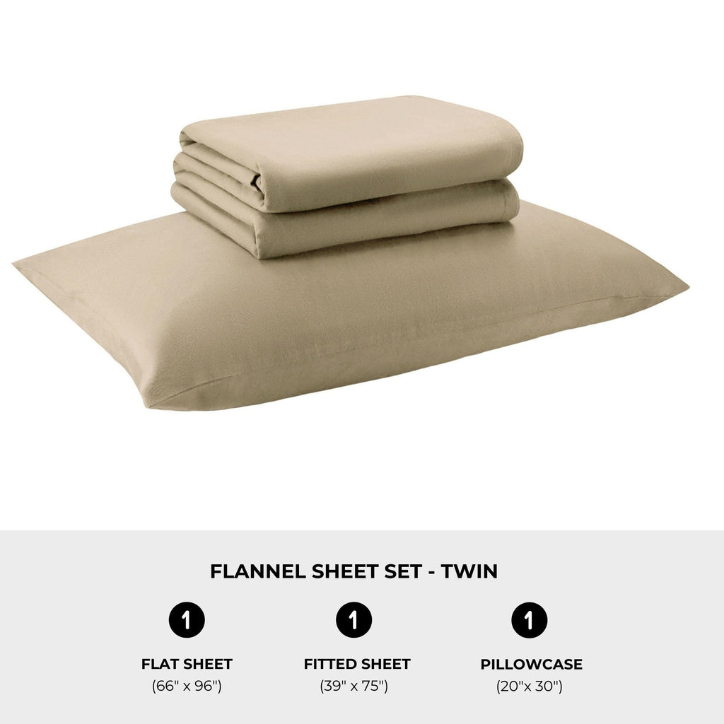 Featherhead 100% Cotton 4PCs Flannel Sheet Set | Double-Brushed for Extra Softness, Warm & Breathable, Extra Deep Pockets fits Up to 17” (Beige, Twin)
