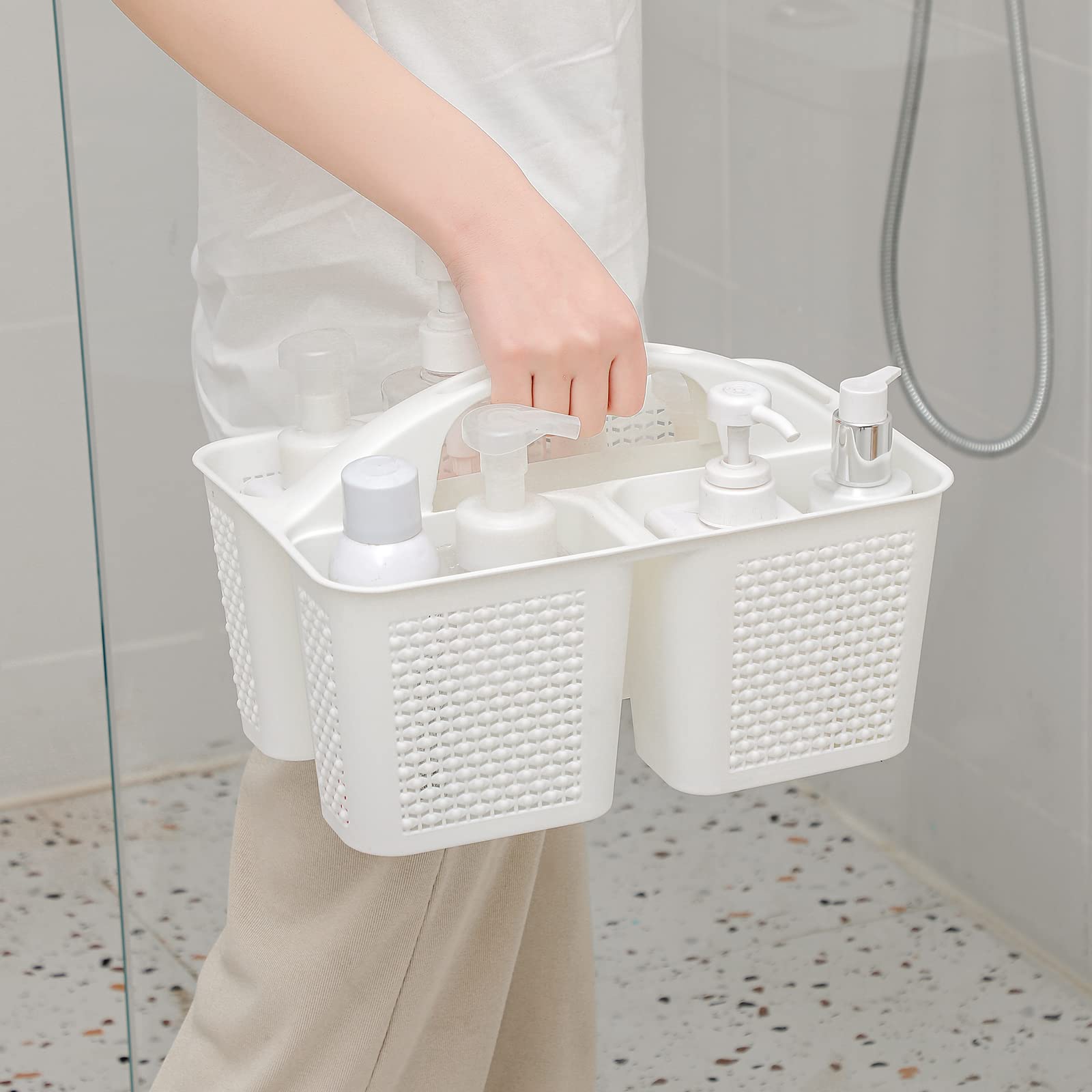 UUJOLY Plastic Portable Shower Caddy Basket Bucket, Cleaning Shower Basket with Handle Compartments Storage Basket Organizer for Bathroom Kitchen College Dorm Sink, Beige