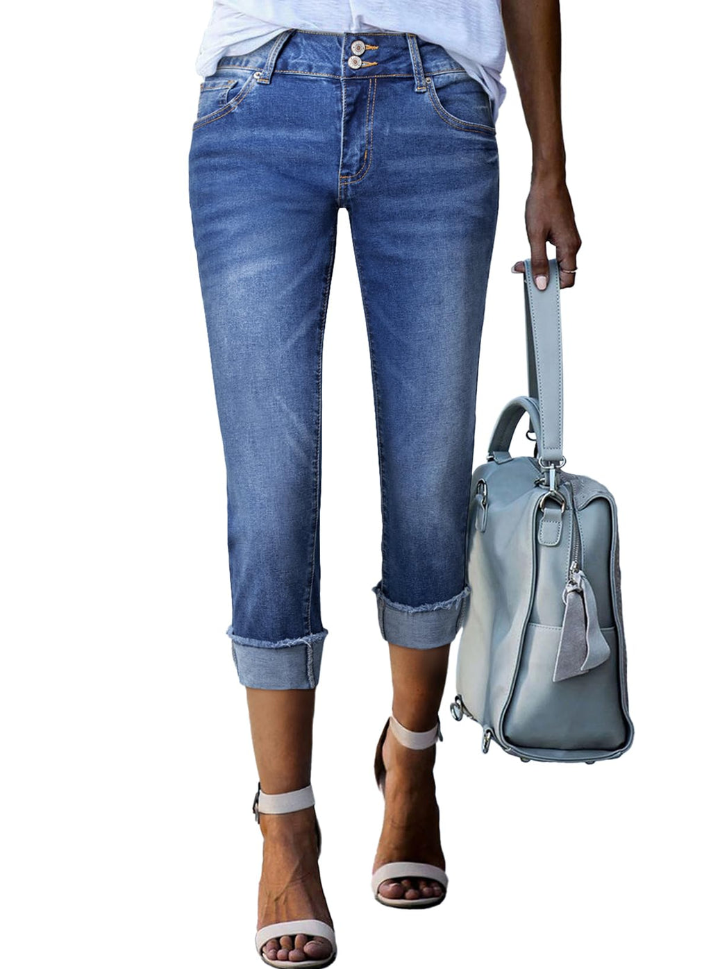 Sidefeel Women's Capri Jeans High Waisted Stretchy Roll-up Skinny Cuffed Cropped Zimbaplatinum Summer Capri Pants