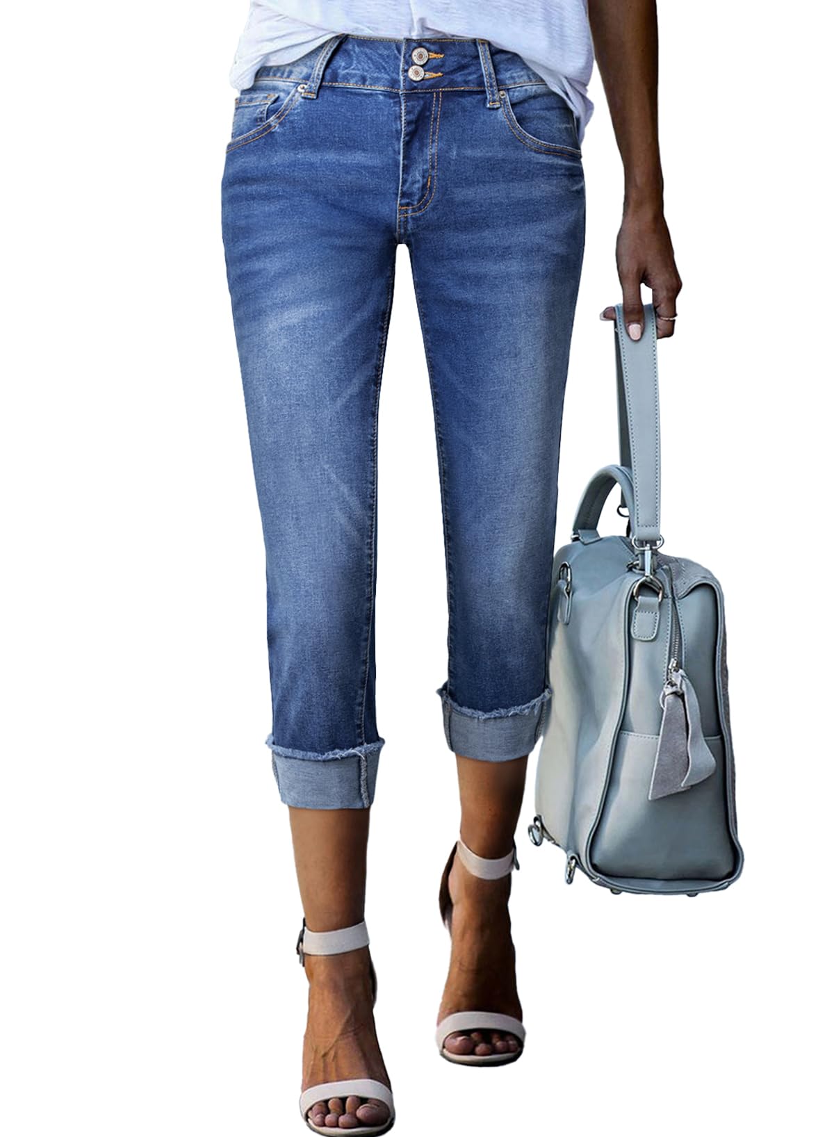 Sidefeel Women's Capri Jeans High Waisted Stretchy Roll-up Skinny Cuffed Cropped Zimbaplatinum Summer Capri Pants