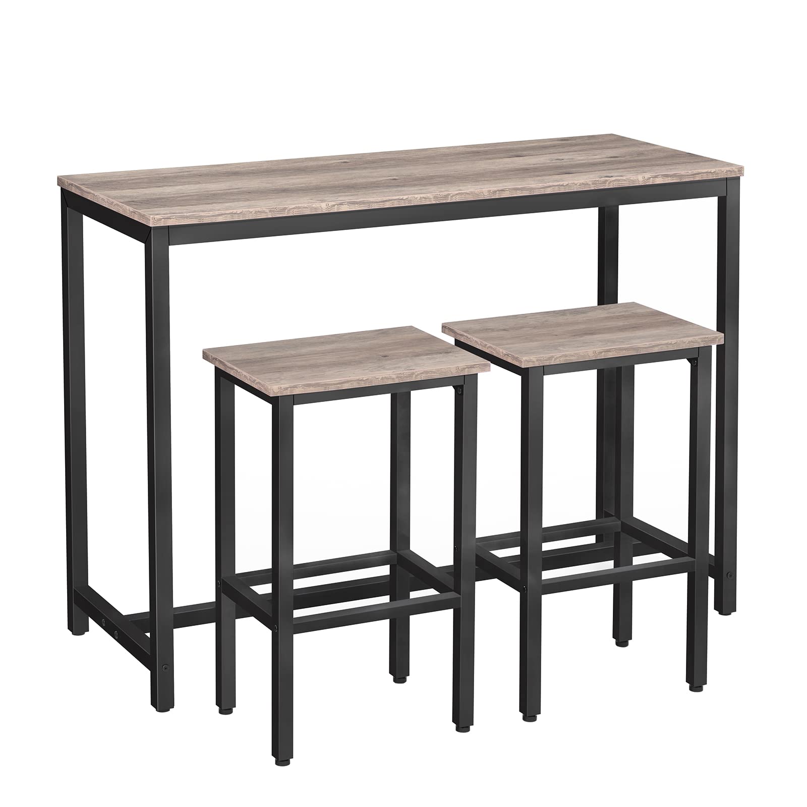 Rectangular Pub Bar Table & Stools Set, 3-Piece Breakfast Table, Grey, HOOBRO
