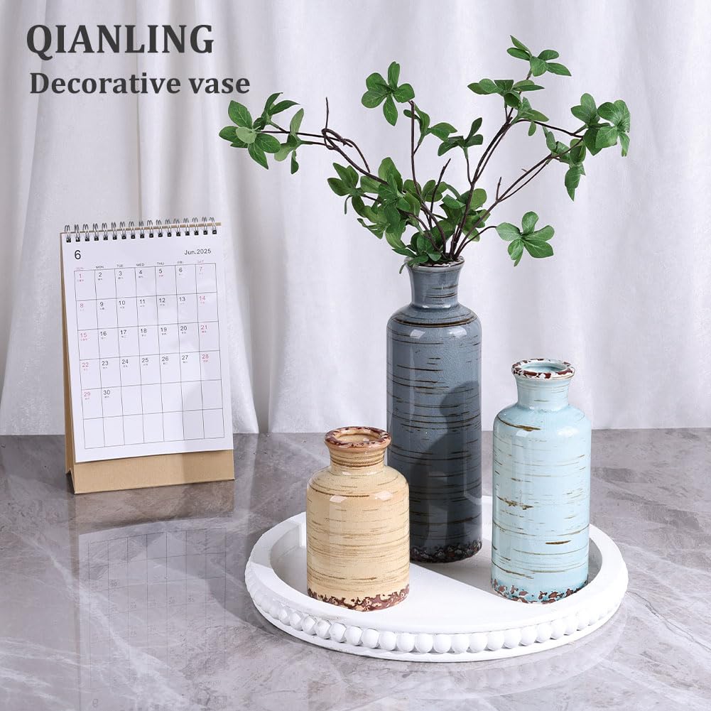 Ceramic Vase Set - 3 Ceramic Small Vases, Farmhouse Country Flower Vase Home Decor, Living Room Decoration, Table Decoration, Fireplace Decor, and Entrance Decorations Centerpieces