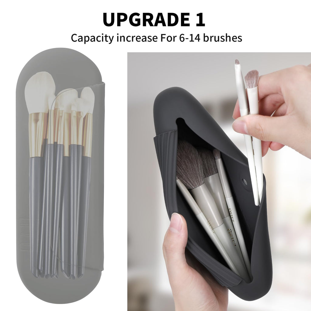 AGIKET Silicone Makeup Brush Holder Travel Cosmetic Bag：Soft Portable Cosmetic Face Brushes Holder with Upgrade Anti-Fall Out Magnetic Closure, Large Travel Makeup Brush Case - Walnut