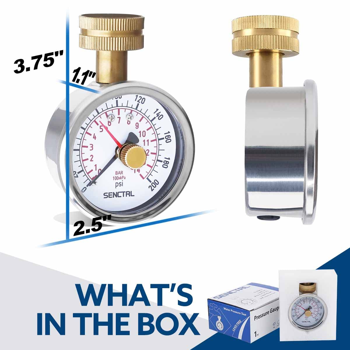 SENCTRL 0-100 psi Water Pressure Gauge Test with Lazy Hand, Lead-Free, 2-1/2" Dial Size, 3/4" Female Garden Hose Thread, IP67 Waterproof, Stainless Steel Case, for Home Potable Water, House Tube