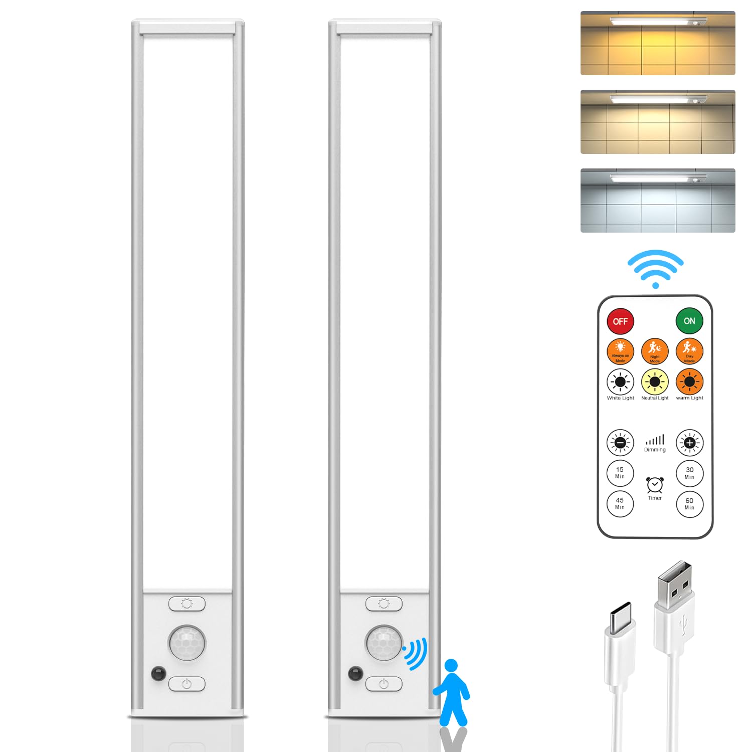 9" Under Cabinet Lights Wireless, Motion Sensor Light Indoor with Remote, LED Rechargeable Closet Light, 3 Color Temps, Dimmable, Magnetic, Under Counter Lights for Kitchen, Stairs, Pantry, Hallway