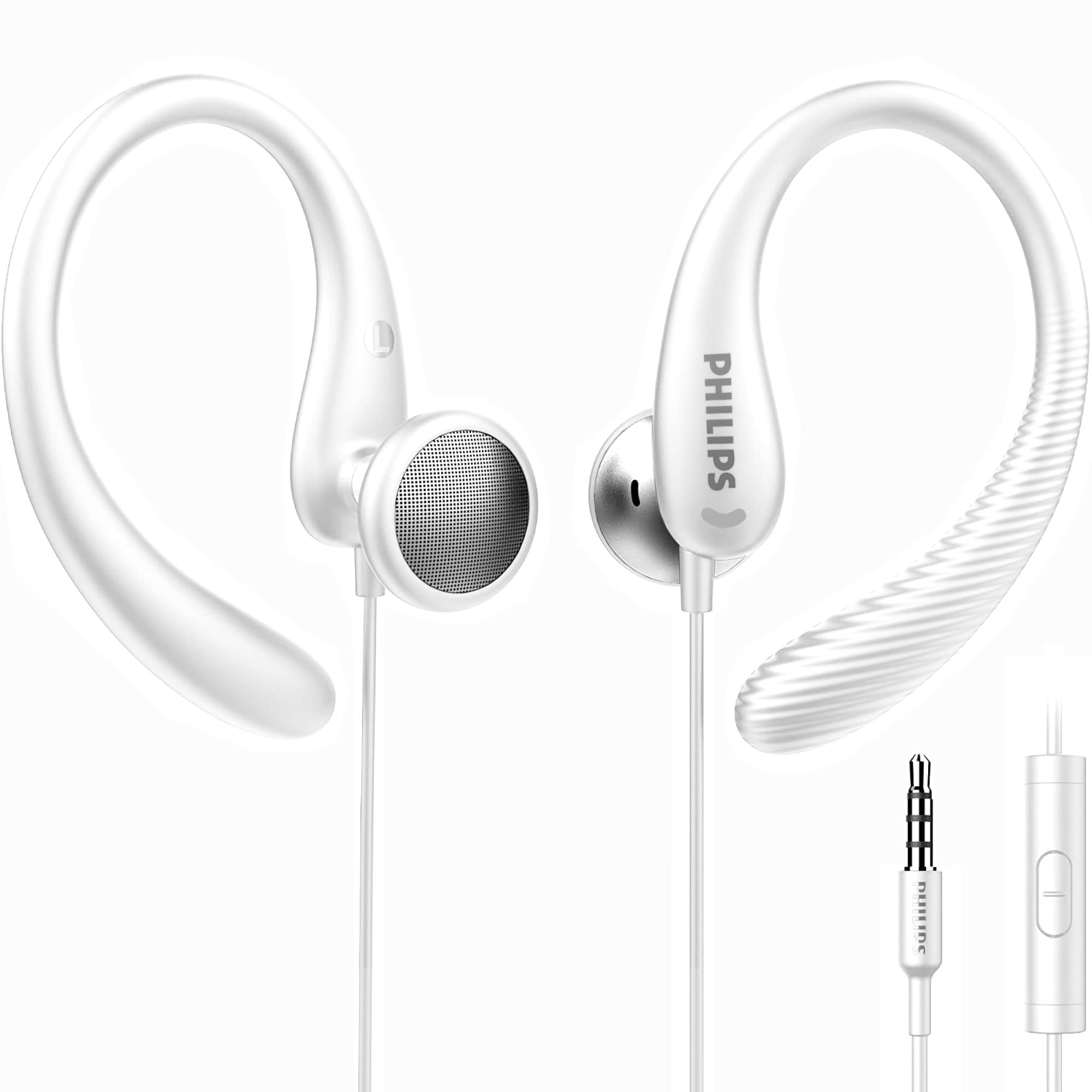 PHILIPS Over The Ear Earbuds, Flexible Wrap Around Earbuds, Around Ear Headphones with Mic Behind The Ear Headphones, Perfect for Sports, Running, Exercise, Gym (Black)