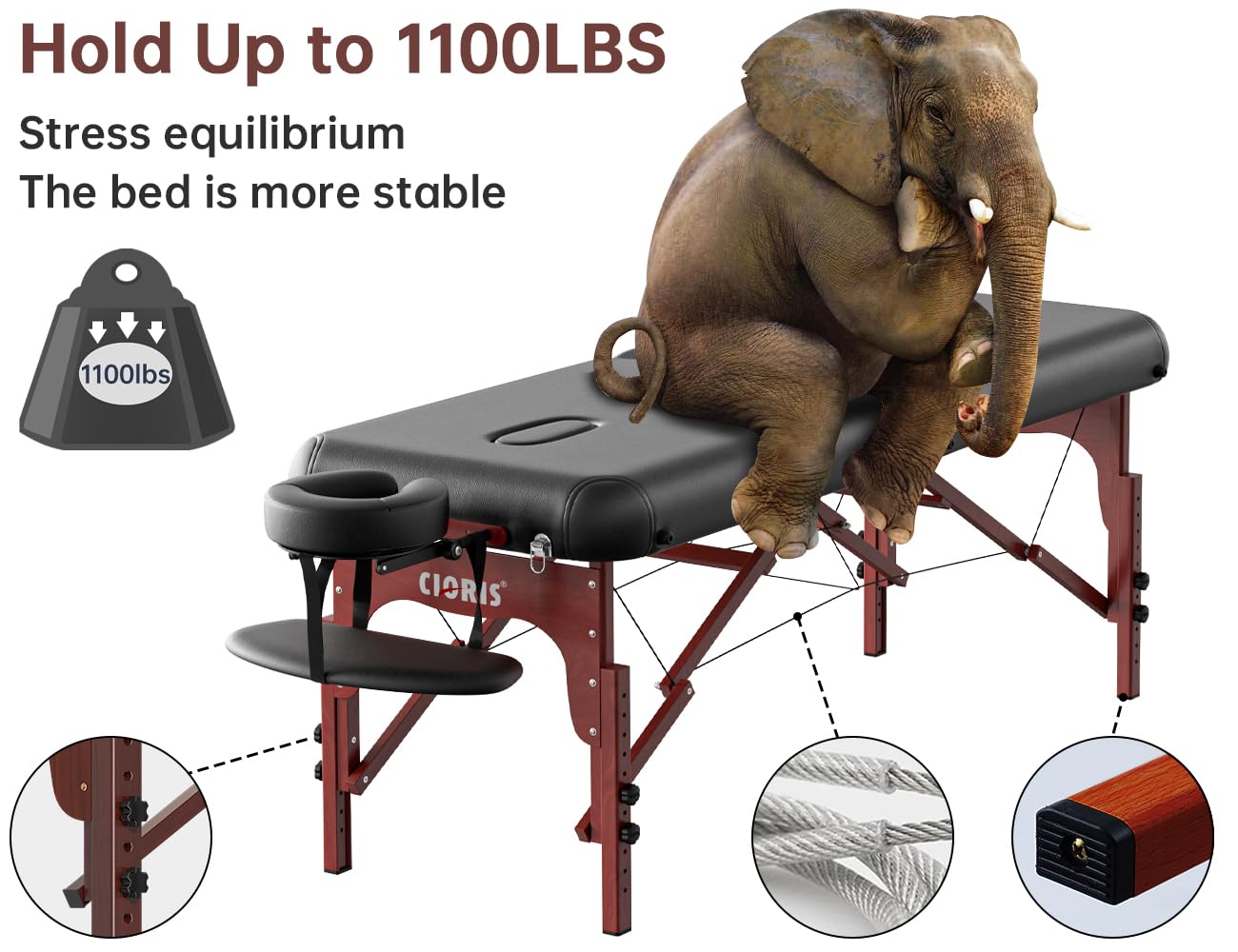 CLORIS 84" Professional Massage Table Portable Reinforced Wooden Leg 2 Folding Lightweight Spa Salon Tattoo Massage Bed Height Adjustable Hold Up to 1100LBS with Carrying Bag Black