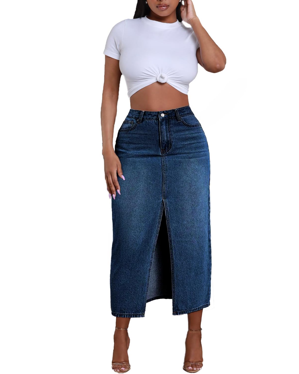 Jean Skirt for Women Denim Skirt High Waist Stretch Midi Denim Skirts with Pockets