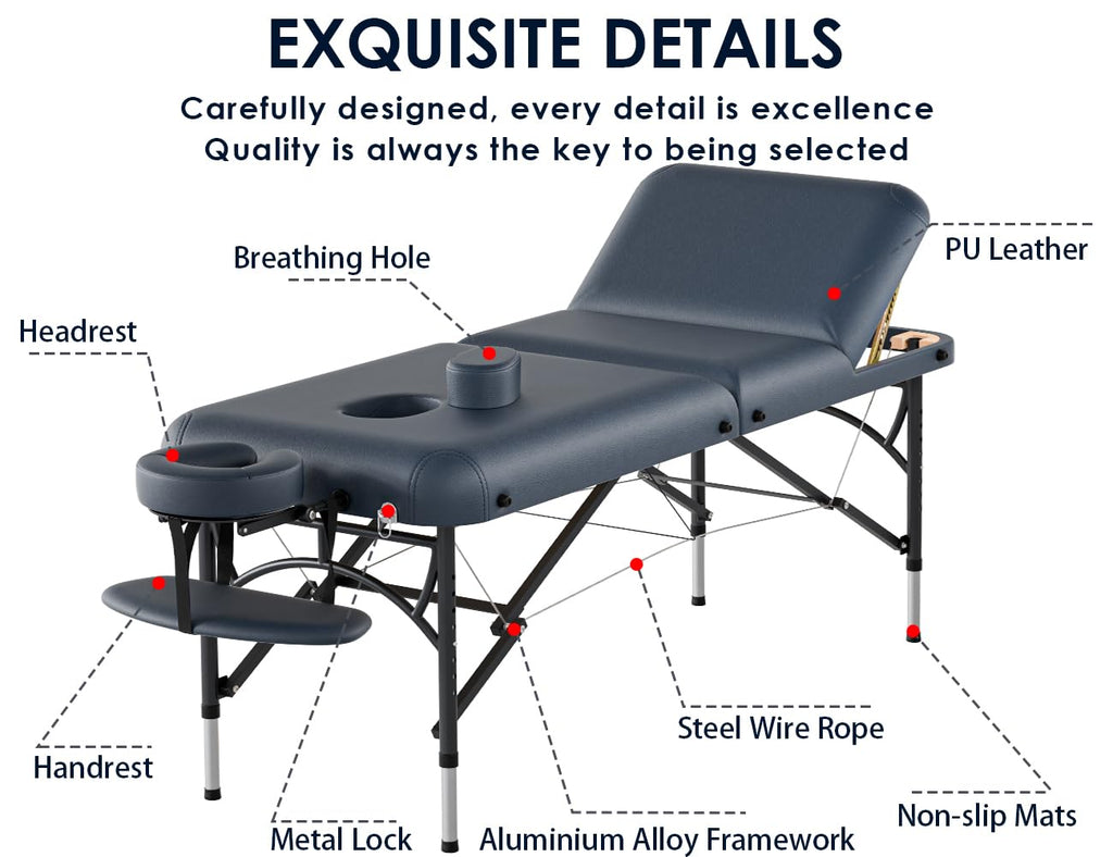 CLORIS 84" Professional Massage Table Portable Reinforced Wooden Leg 2 Folding Lightweight Spa Salon Tattoo Massage Bed Height Adjustable Hold Up to 1100LBS with Carrying Bag Black