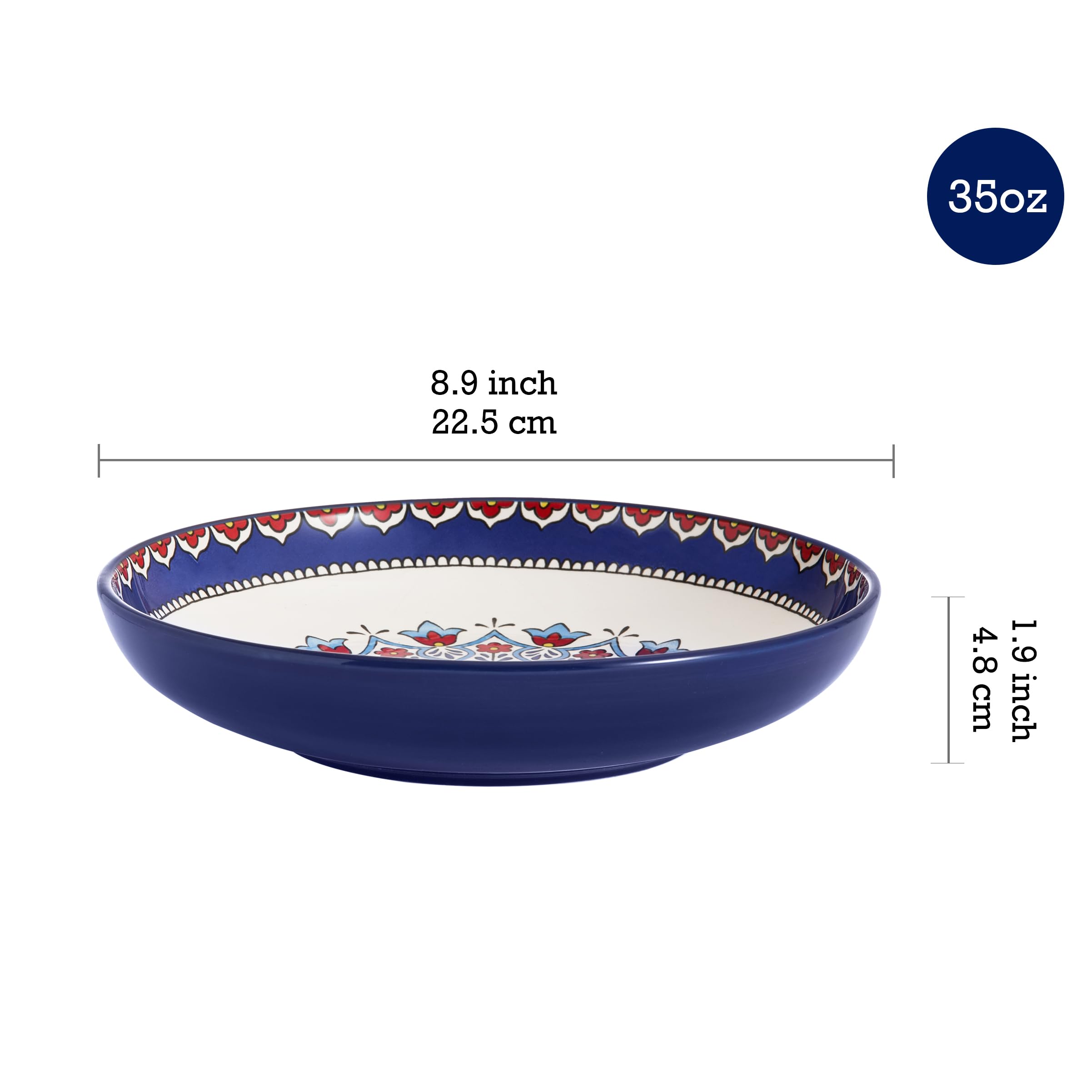 Bico Blue Talavera Pasta Bowls, 35oz Salad Bowl Set of 4, Large Ceramic Serving Dinner Bowls for Soup and Cereal, Microwave and Dishwasher Safe, Gift for Housewarming and Thanksgiving