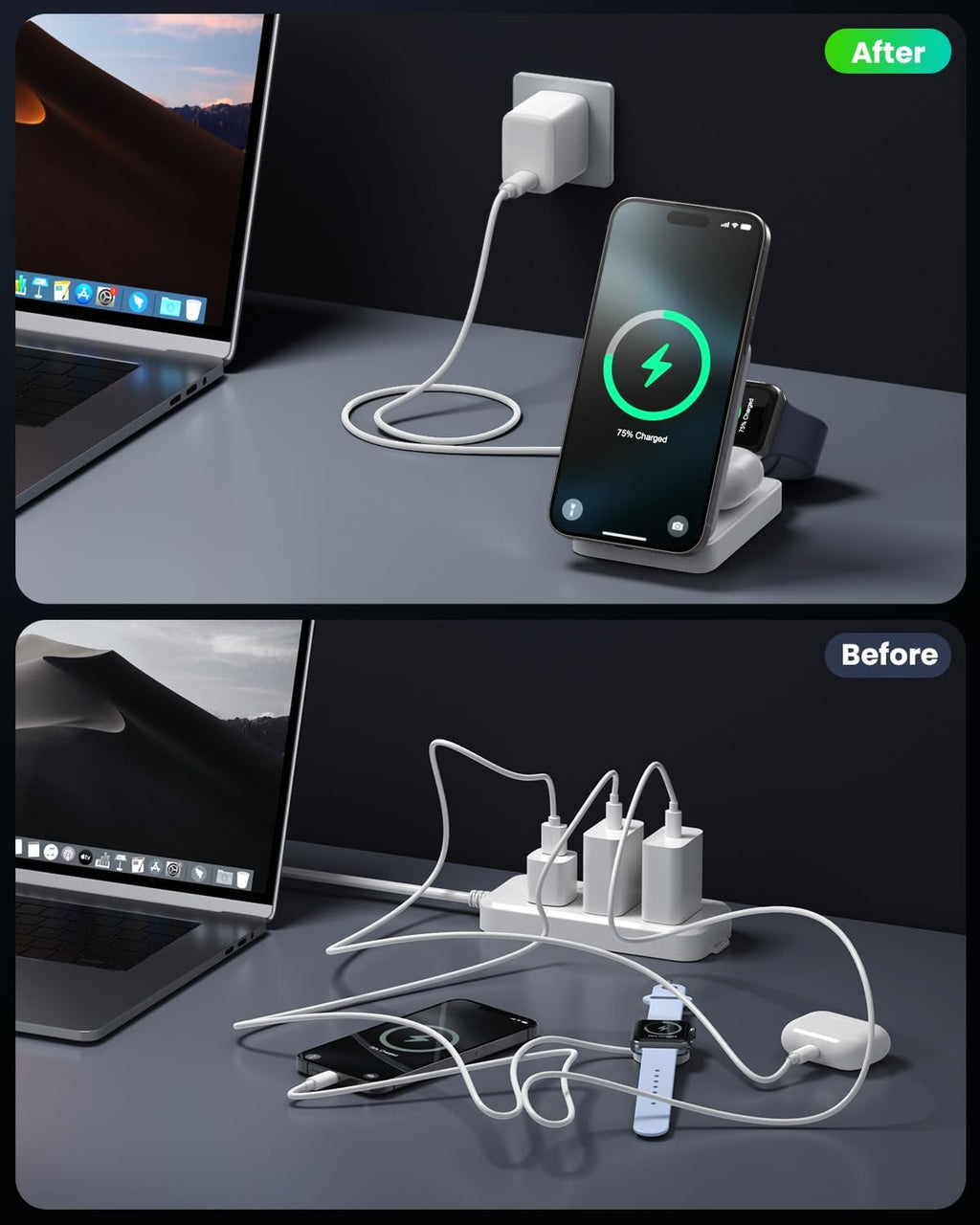 3-in-1 Wireless Charger Charging Station for iPhone, Certified 15W Fast Charging Foldable Magnetic Charger Stand with 30W USB C Adapter for MagSafe iPhone 16/15, Apple Watch, AirPods