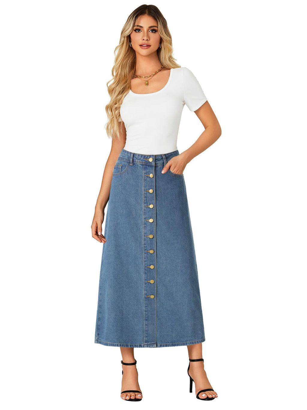 Vrtige Women's Casual Button Down High Waisted A Line Jean Midi Long Denim Skirt with Pockets