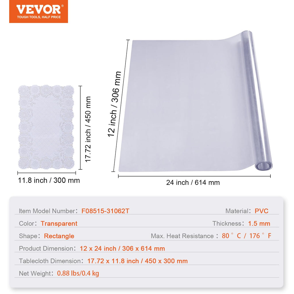 VEVOR Clear PVC Square Tablecloth, 12" x 12", 1.5mm Thick, Waterproof, Stain Resistant, Durable, Desk, Coffee Table, Dining Room Table
