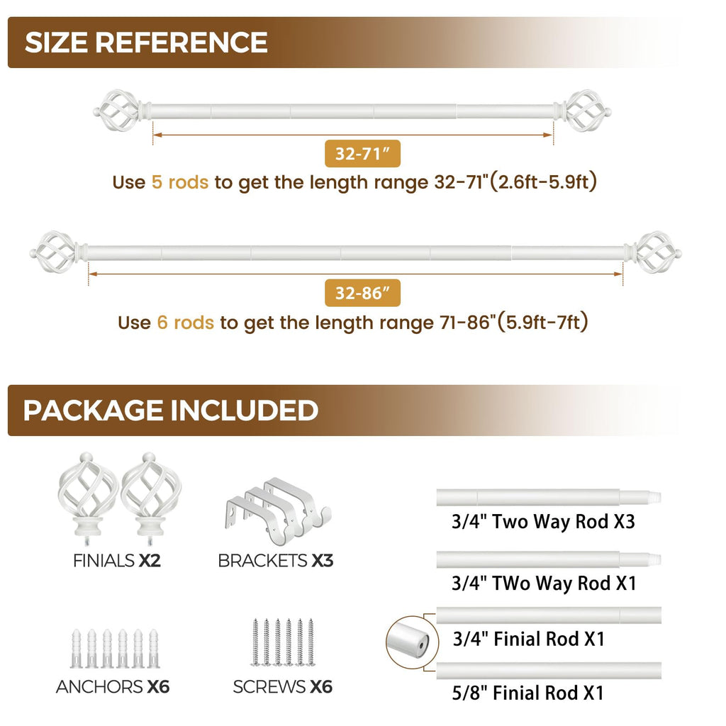 KAMANINA Silver Curtain Rod 32 to 58 Inch(2.6-4.8ft), Adjustable Curtain Rods for Windows 28 to 48 Inch, 3/4 Inch Splicing Drapery Rods with Twisted Cage Finial
