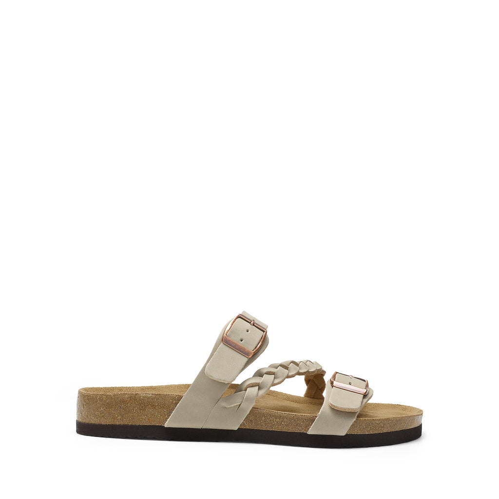 DREAM PAIRS Women's Slides Soft Cork Footbed Sandals Comfortable Walking Slip-on Flat Sandals Arch Support Adjustable Buckle Braided Straps Slippers