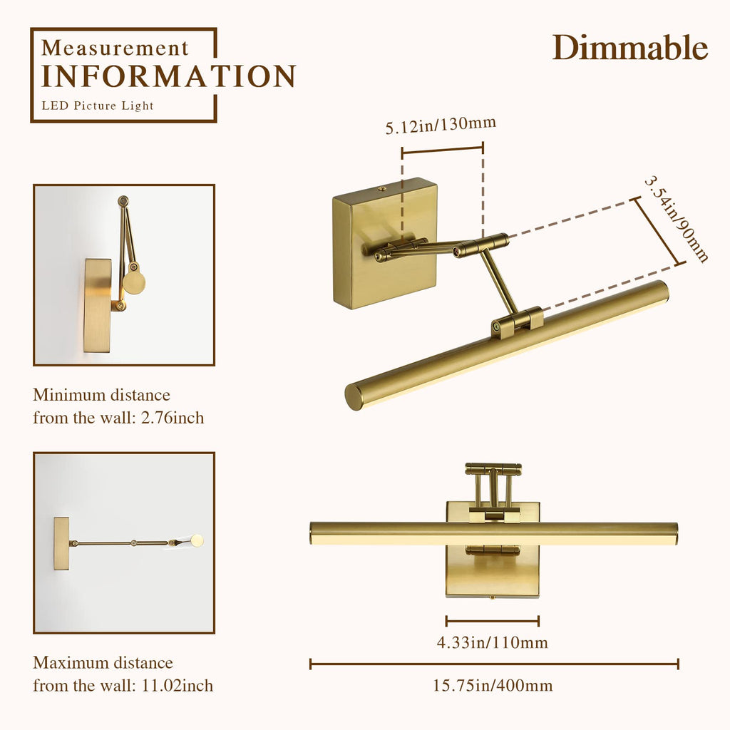 Joossnwell LED Picture Lights for Paintings Dimmable 15.5 Inch Long Hard-Wired Picture Frame Lights Brass Gallery Wall Light with Adjustable Swing Arm Art Display Lamps 7W 3000K Warm White