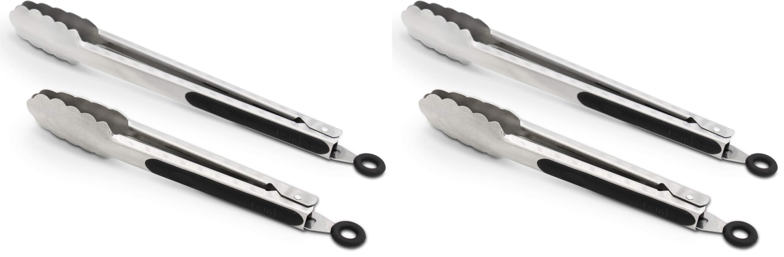304 Stainless Steel Kitchen Cooking Tongs, 9" and 12" Set of 2 Sturdy Grilling Barbeque Brushed Locking Food Tongs with Ergonomic Grip, Black