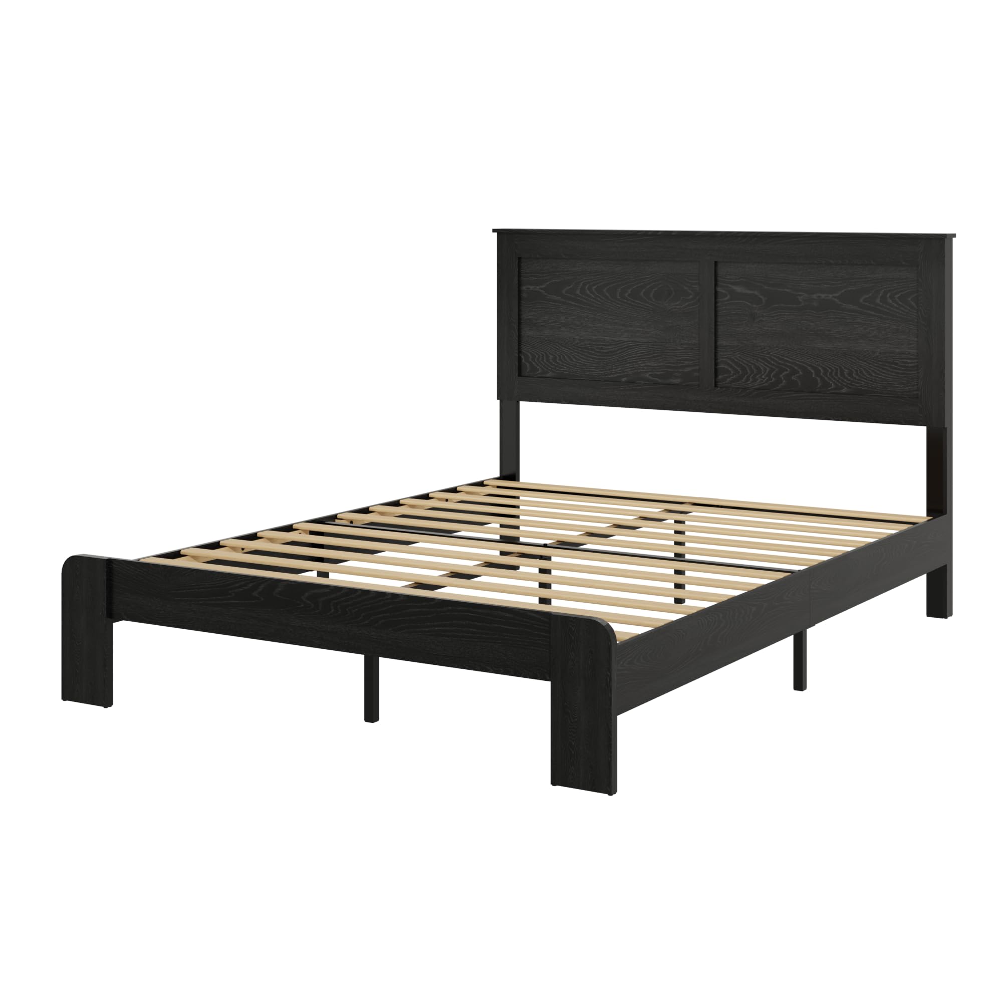 Wooden Bed Frame Full Size with Headboard, Farmhouse Platform Bedframe with Wood Slat Support, Sturdy Framework Bed Frame, Easy Assembly (Rustic Black)