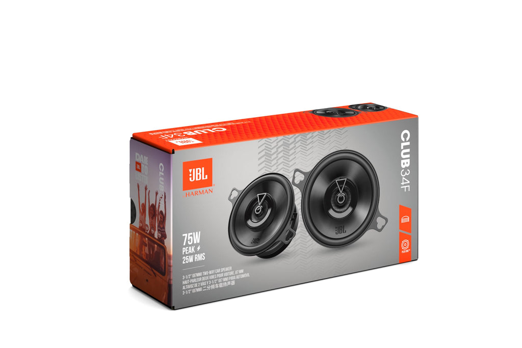 JBL Club 34F - 3-1/2" (87mm) Two-Way Car Speaker, 75 Watts Peak, 25 Watts RMS, Sensitivity (@ 2.83V): 89dB, Frequency Response: 90Hz – 20kHz, Nominal Impedance: 3.0 ohms