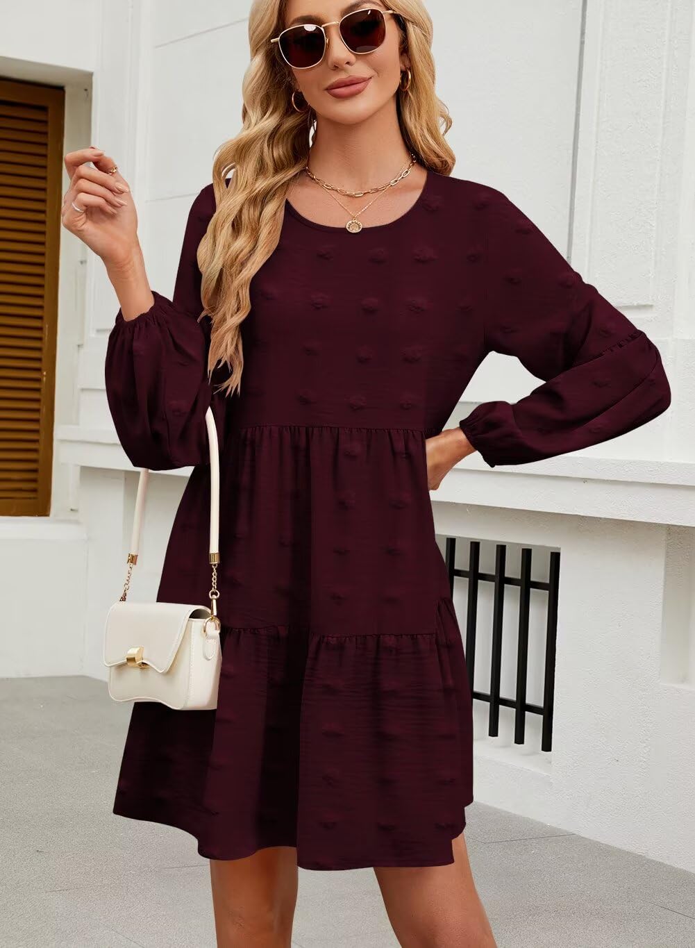 QACOHU Falll Dresses for Women 2026 Crew Neck Long Lantern Sleeve Casual Loose Flowy Swing Shift Dress