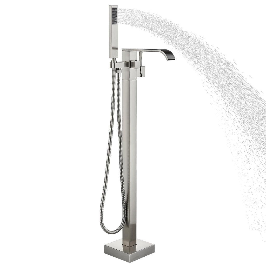 Brushed Gold Freestanding Bathtub Faucet with Hand Shower Tub Filler Faucet Floor Mounted High Flow Single Handle Bath Filler Solid Brass