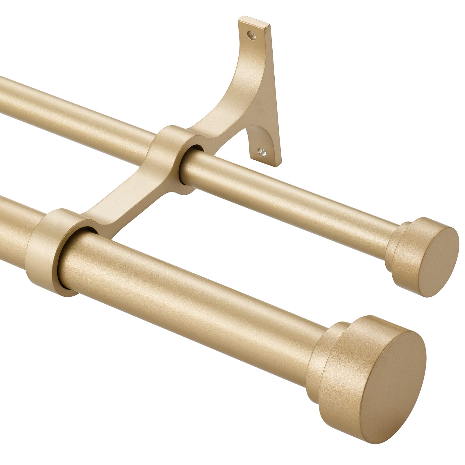 Heavy Duty Double Curtain Rods with Cylindrical Cap Finials - 36 to 72' Telescoping Rods, 1 Inch and 5/8 Inch Diameter, Light Gold